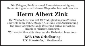 Traueranzeige Albert Zink