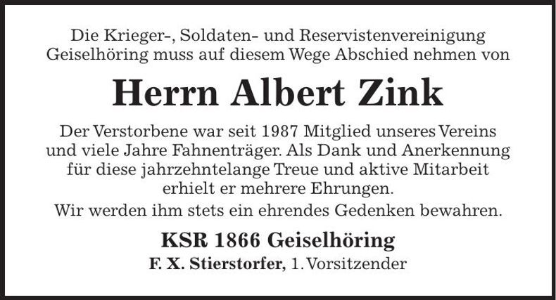 Traueranzeige Albert Zink