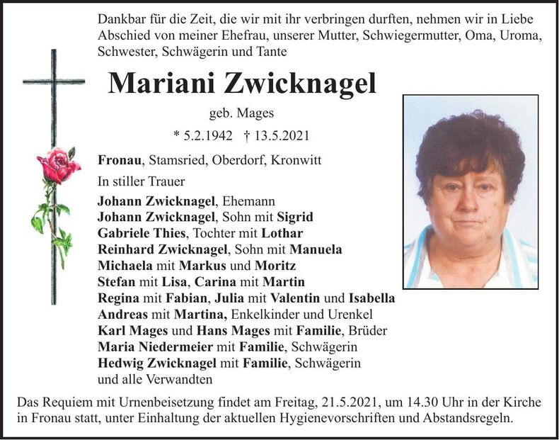 Traueranzeige Mariani Zwicknagel
