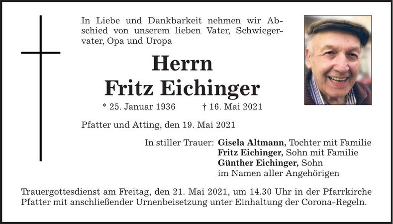 Traueranzeige Fritz Eichinger