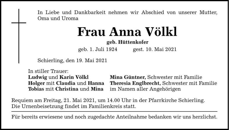 Traueranzeige Anna Völkl
