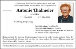 Traueranzeige Antonie Thalmeier