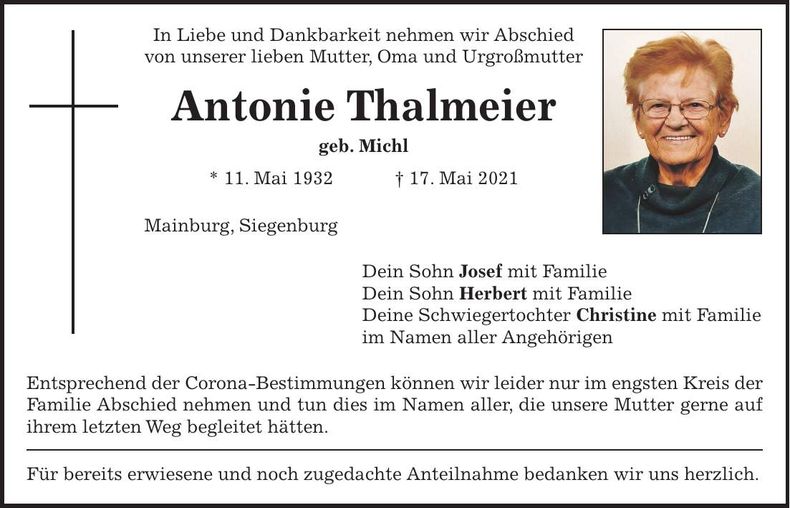 Traueranzeige Antonie Thalmeier