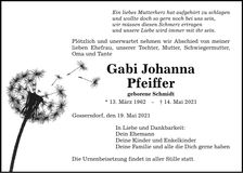 Traueranzeige Gabi Johanna Pfeiffer