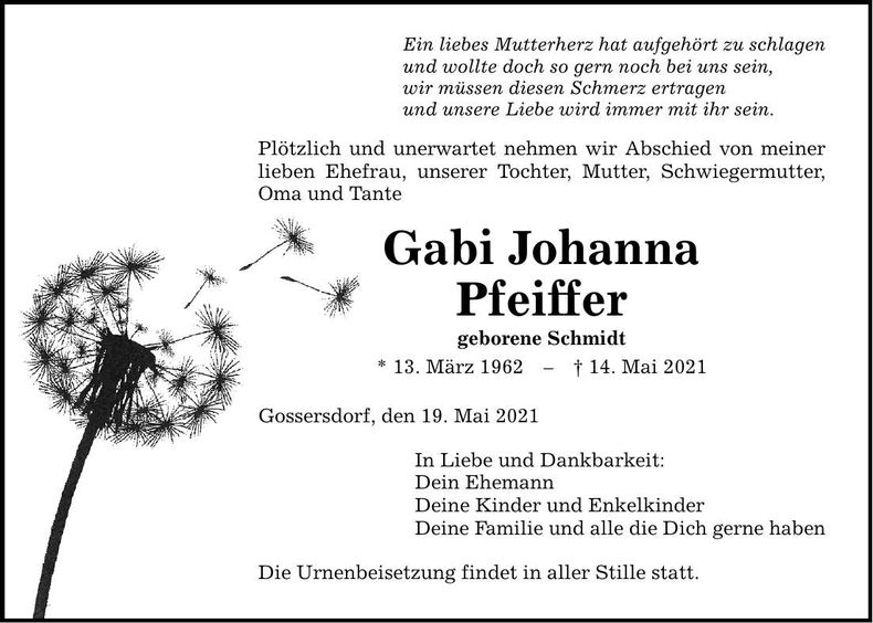 Traueranzeige Gabi Johanna Pfeiffer