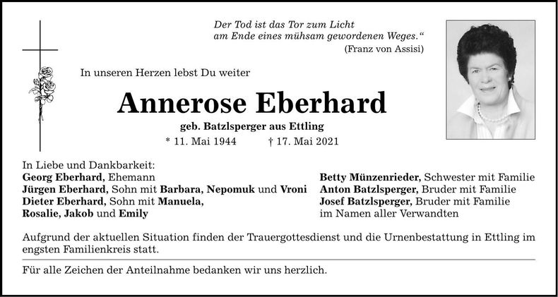 Traueranzeige Annerose Eberhard