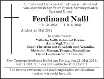 Traueranzeige Ferdinand Naßl