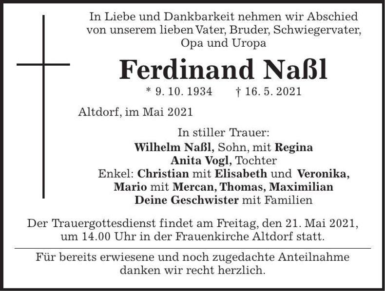 Traueranzeige Ferdinand Naßl