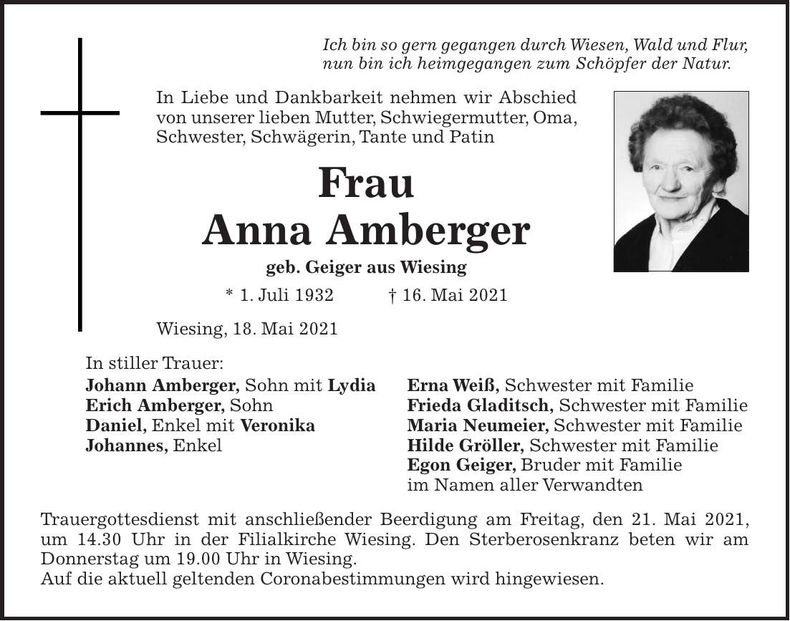 Traueranzeige Anna Amberger