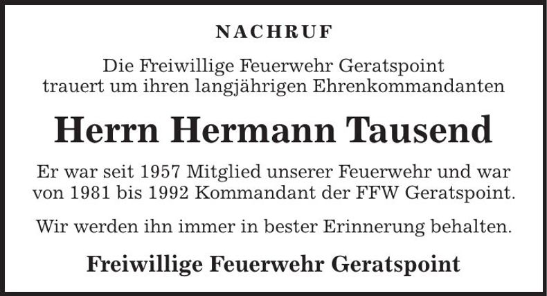 Traueranzeige Hermann Tausend