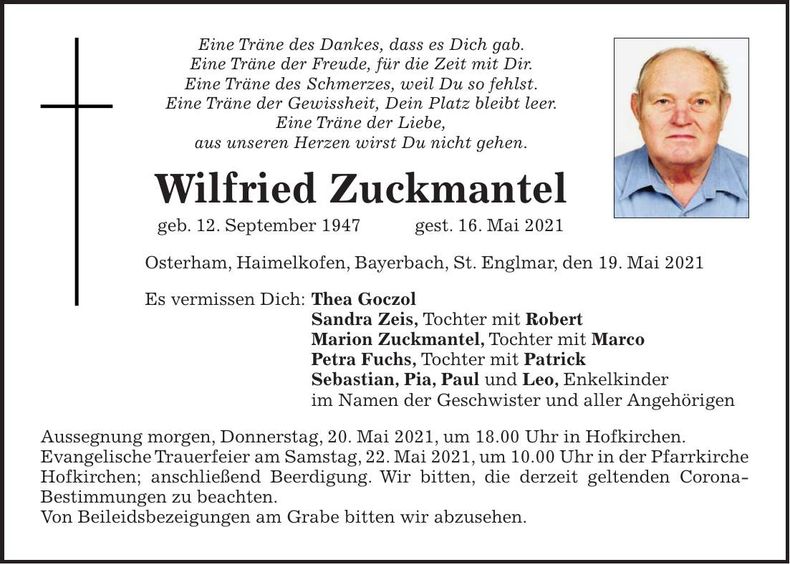 Traueranzeige Wilfried Zuckmantel
