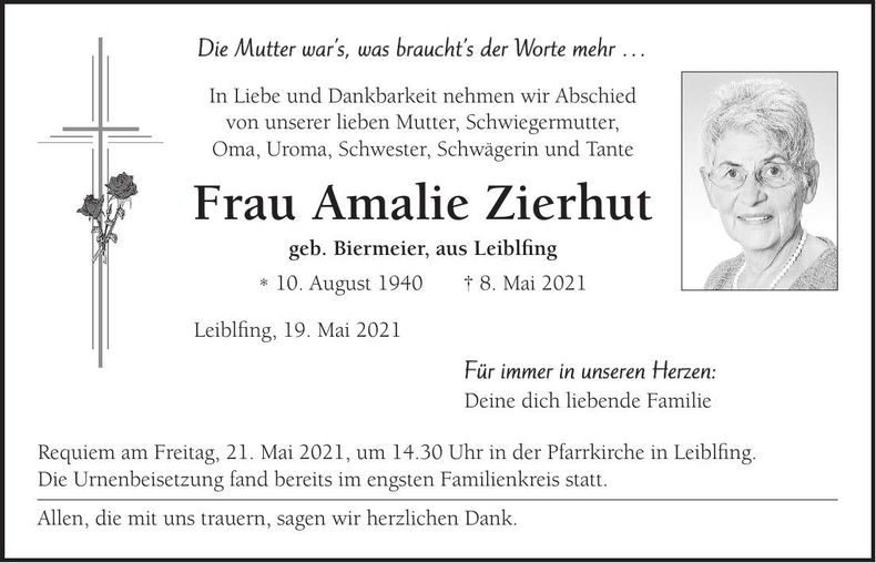 Traueranzeige Amalie Zierhut