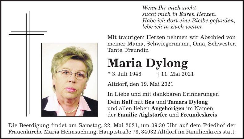 Traueranzeige Maria Dylong