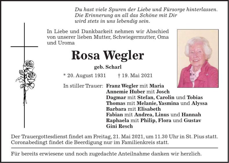 Traueranzeige Rosa Wegler