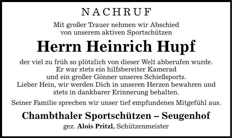 Traueranzeige Heinrich Hupf