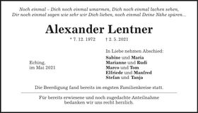 Traueranzeige Alexander Lentner