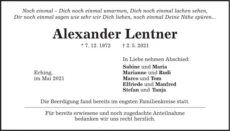 Traueranzeige Alexander Lentner