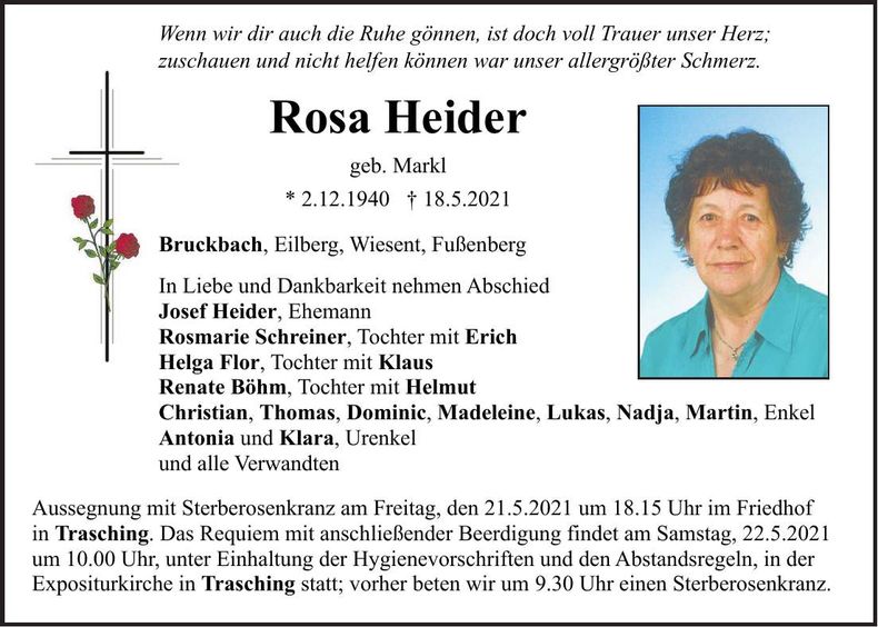 Traueranzeige Rosa Heider
