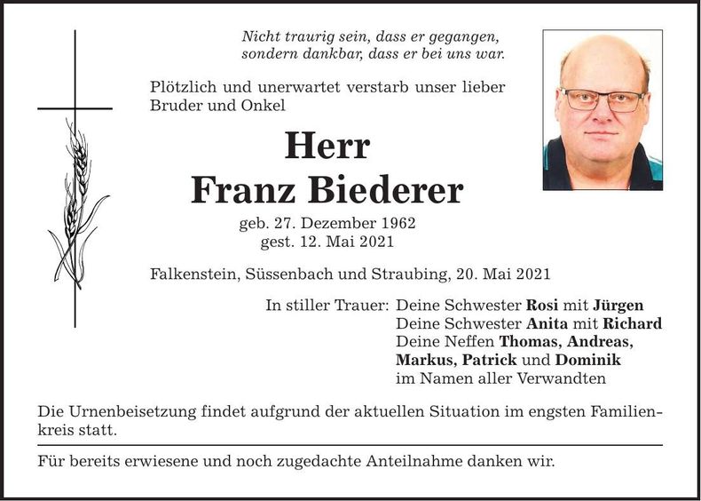 Traueranzeige Franz Biederer