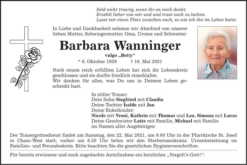 Traueranzeige Barbara Wanninger
