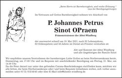 Traueranzeige P. Johannes Petrus Sinot OP