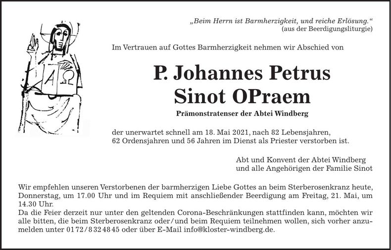 Traueranzeige P. Johannes Petrus Sinot OP