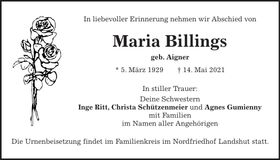 Traueranzeige Maria Billings