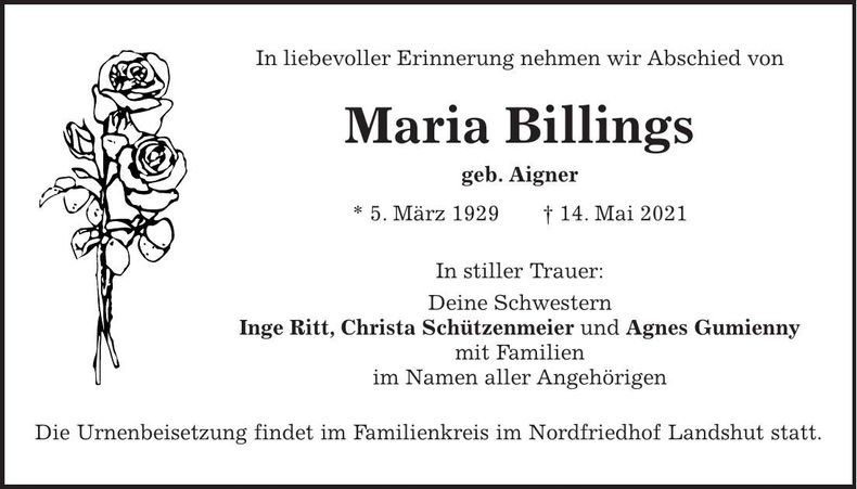 Traueranzeige Maria Billings
