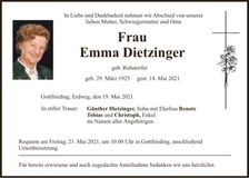 Traueranzeige Emma Dietzinger