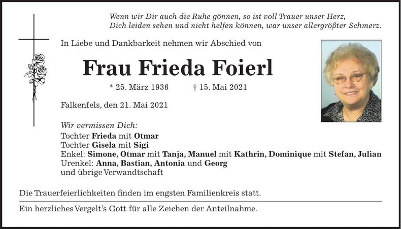 Traueranzeige Frieda Foierl