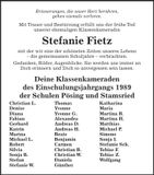 Traueranzeige Stefanie Fietz