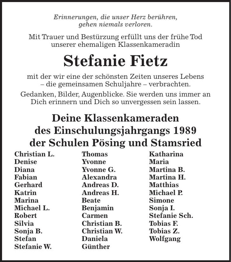 Traueranzeige Stefanie Fietz