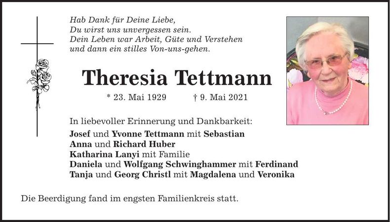 Traueranzeige Theresia Tettmann