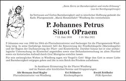 Traueranzeige  P. Johannes Petrus Sinot OPraem