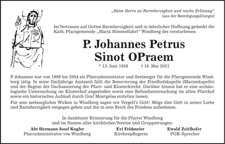 Traueranzeige  P. Johannes Petrus Sinot OPraem