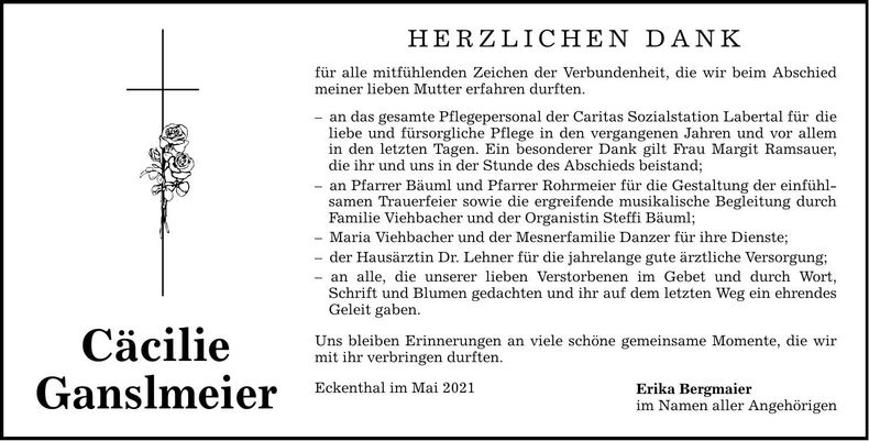 Traueranzeige Cäcilie Ganslmeier