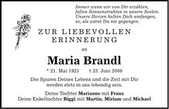 Traueranzeige Maria Brandl
