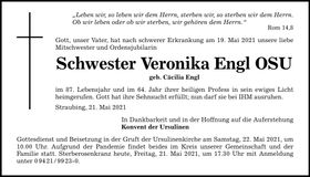 Traueranzeige Veronika Schwester Engl OSU
