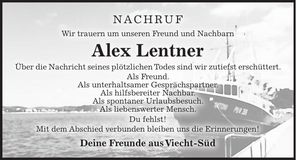Traueranzeige Alex Lentner