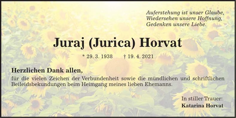 Traueranzeige Juraj (Jurica) Horvat
