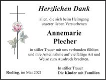 Traueranzeige Annemarie Plecher