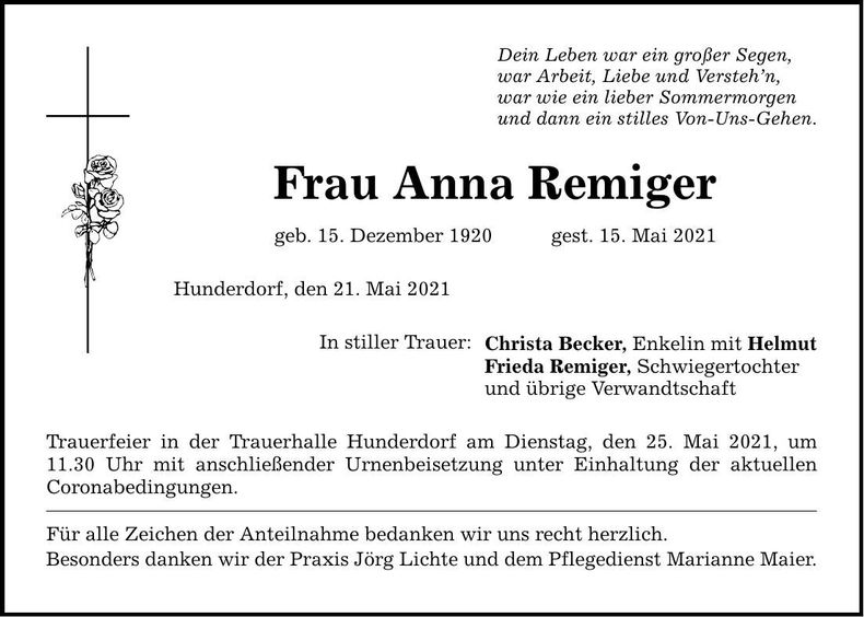 Traueranzeige Anna Remiger