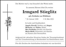 Traueranzeige Irmgard Stieglitz