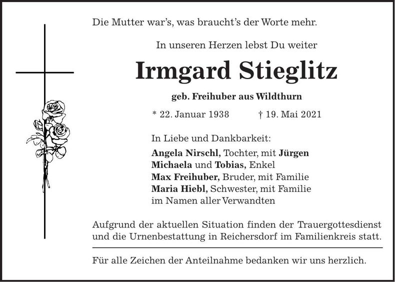 Traueranzeige Irmgard Stieglitz