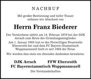 Traueranzeige Franz Biederer