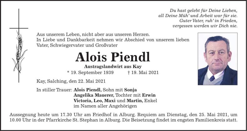 Traueranzeige Alois Piendl