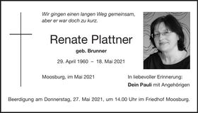 Traueranzeige Renate Plattner