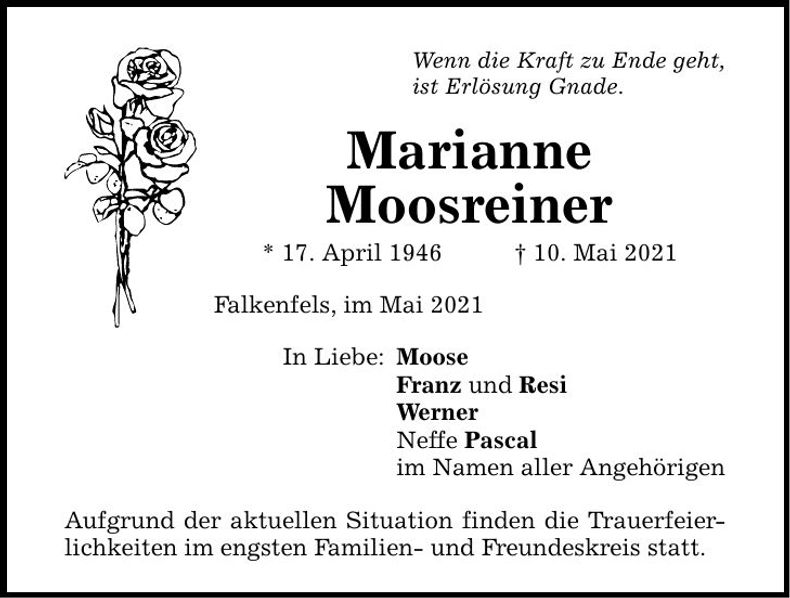 Traueranzeige Marianne Moosreiner
