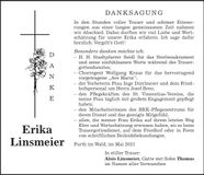 Traueranzeige Erika Linsmeier