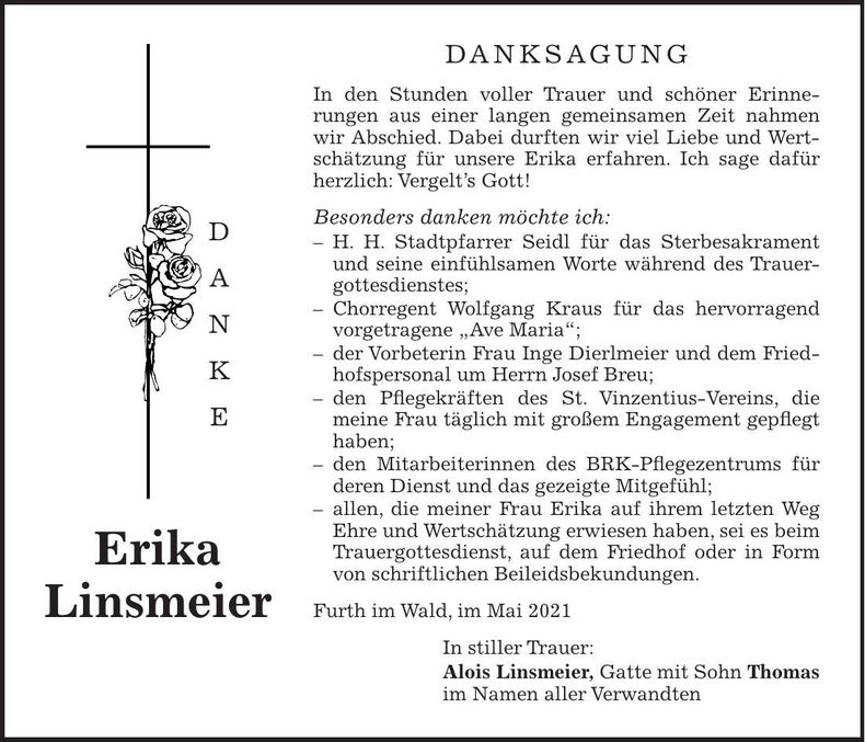 Traueranzeige Erika Linsmeier